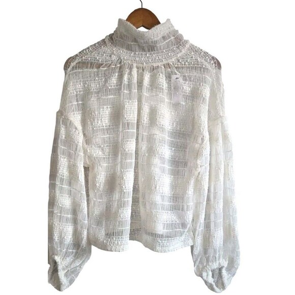 Express Blouse Womens M Cream Sheer Skimming Mesh Mock Neck Balloon Sleeve NWT - Picture 2 of 9